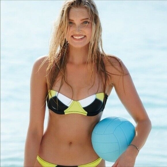 Victoria's Secret 32 D The flirt Bandeau bikini set Black white & lime green #A